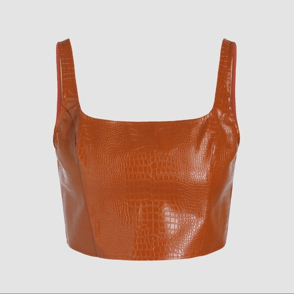 Cider Tops - CIDER • Brown Faux Leather Crocodile Crop Zippered Tank Top